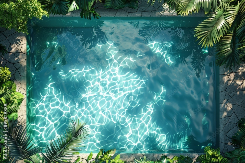 Aufkleber a serene image of a rectangular pool amid vibrant green tropical plants with bright sunlight reflect
