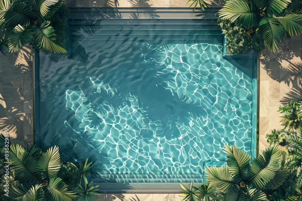 Poster An appealing top view of a rectangular pool surrounded by lush tropical greenery, with the water reflecting light and creating a tranquil and picturesque setting.
