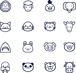 a set of different animals and animals with faces, animal icons, sheep, cock, elephant, fox, seal, giraffe, rabbit