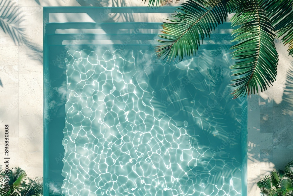 Poster Captured from a top view, this image showcases a serene and inviting swimming pool, surrounded by lush greenery and bathed in sunlight, creating an idyllic escape.