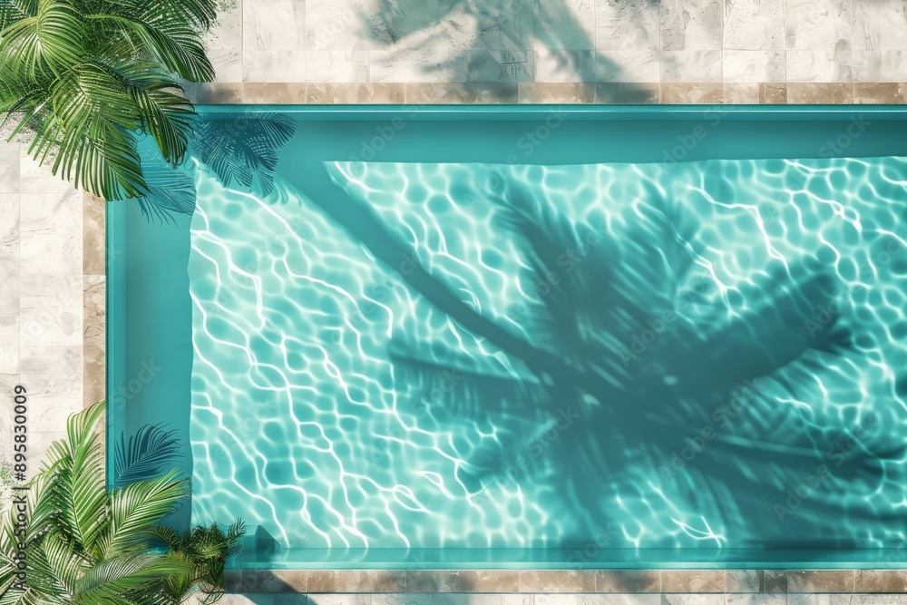 Poster An overhead shot of a beautiful pool with clear water reflecting the shadows of palm trees, set against a backdrop of marble tiles, creating a serene and inviting atmosphere.