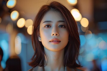 A young woman with dark hair stares intently at the camera with a neutral expression. Warm light illuminates her face.