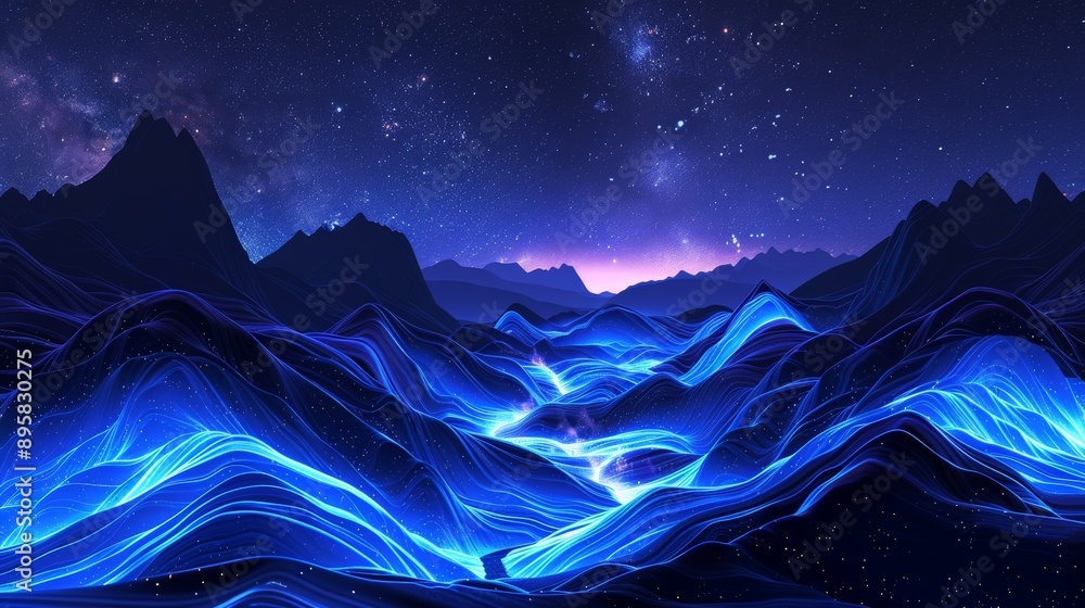 Poster a mesmerizing scene of glowing blue lines resembling rivers flowing through a dark mountain valley u