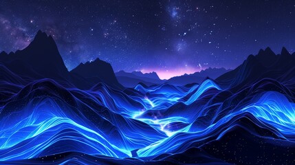 A mesmerizing scene of glowing blue lines resembling rivers flowing through a dark mountain valley under a starry night sky, creating a futuristic and surreal visual experience.