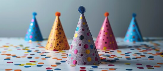 Obraz premium Colorful Party Hats and Confetti on a White Table