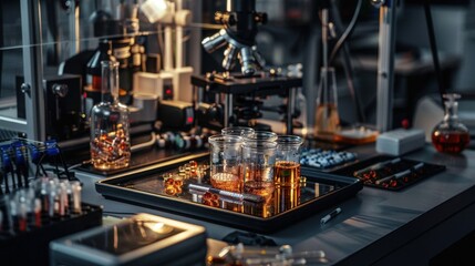 A lab table with a tray of glass jars and bottles