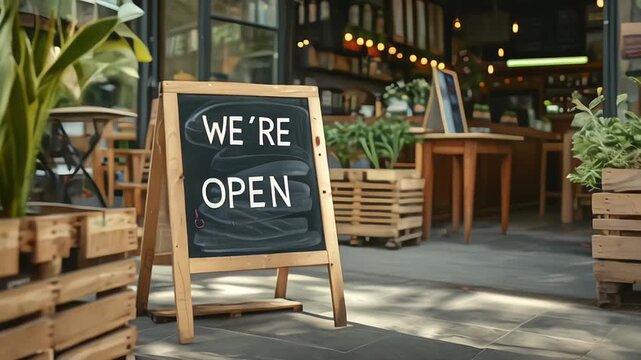Home made farmhouse style We're open sign outside of a small business 