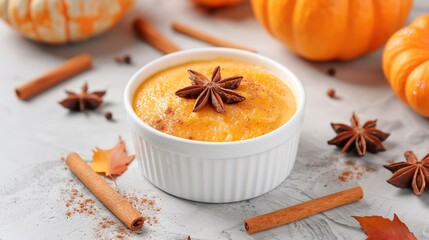 Delicious Pumpkin Custard Dessert with Star Anise and Cinnamon Sticks on a Light Background, Perfect for Autumn and Thanksgiving Celebrations