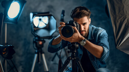 Male photographer adjusting camera in professional studio setting