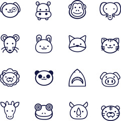 a set of different animals and animals with faces, animal icons, cat, rabbit, mouse, fox, panda, pig, lion. giraffe, rhino, tiger, frog