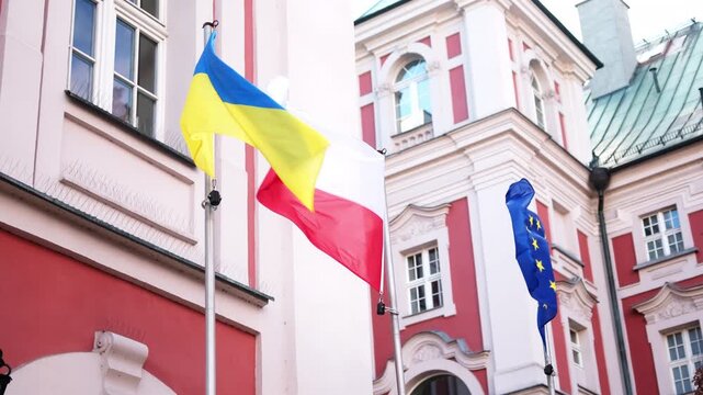 Waving Flags Of Ukraine, Poland, And Eu Symbolize United Europe