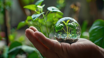Hand holding glass globe ball with tree growing and green nature
A tree pokes through the glass ball.The morning sunlight reflected on the crystal ball. Seedlings grow separately and have roots attach