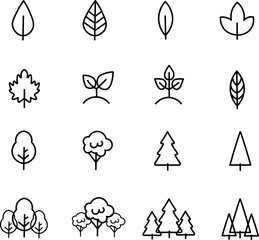 Botanical icons with leaves, trees, pines, oak, plant icons