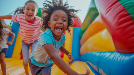 Group of children laugh and jump in a brightly colored bounce house, capturing the essence of carefree childhood fun