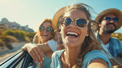 Happy, diverse group of people posing playfully in a colorful and vibrant studio