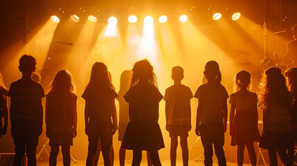 Group of children stand silhouetted against the warm glow of stage lights, eagerly awaiting their turn to perform on the theatre stage