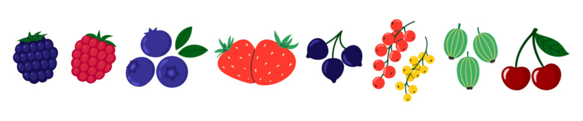 Berries set. Cherry, black currant, raspberry, gooseberry, blueberry, blackberry, strawberry. Fresh summer juicy berry. Flat Vector illustration isolated on white background