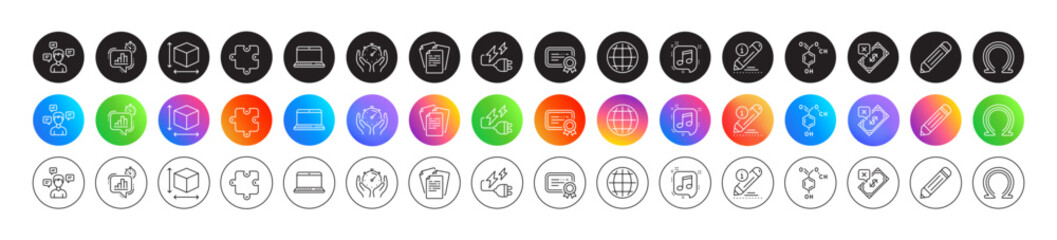 Notebook, Electricity plug and Statistics timer line icons. Round icon gradient buttons. Pack of Puzzle, Timer, Rejected payment icon. Box size, Conversation messages, Certificate pictogram. Vector