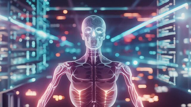 Human skeleton standing full body looking at camera. Hologram 3. Medical concept concept