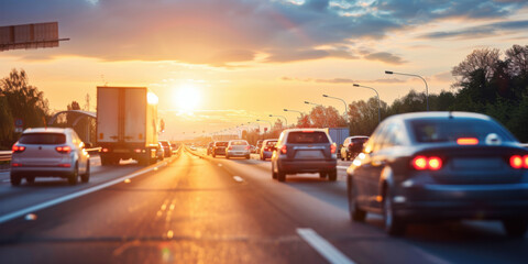 Fototapeta premium A busy highway filled with cars and trucks during sunset, highlighting urban transportation and the end of a workday.