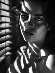 Dramatic Monochrome Portrait of Woman with Light and Shadow Play