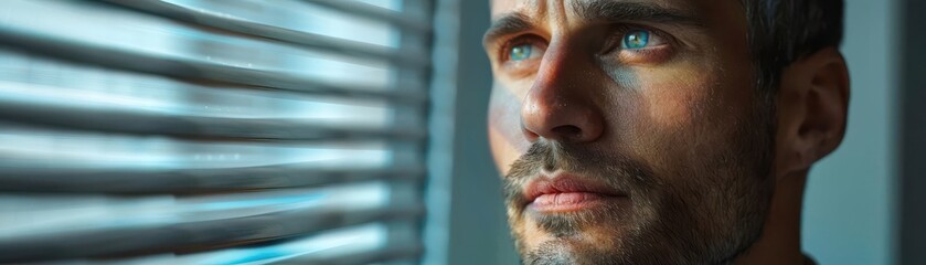 Fototapeta premium A man looks out a window with a thoughtful expression.