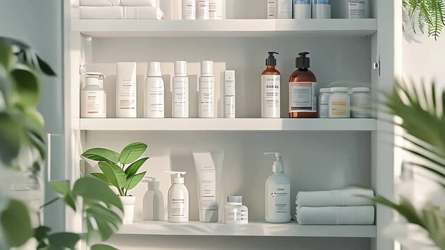 Pharmacy cabinet and medicine wall chest full of drugs, pills and bottles. Pharmacy shelves. Metal open and closed medical cabinet. Bathroom shelves.