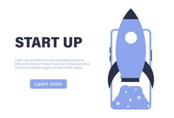 Blue rocket launching from smartphone screen in flat design illustration.