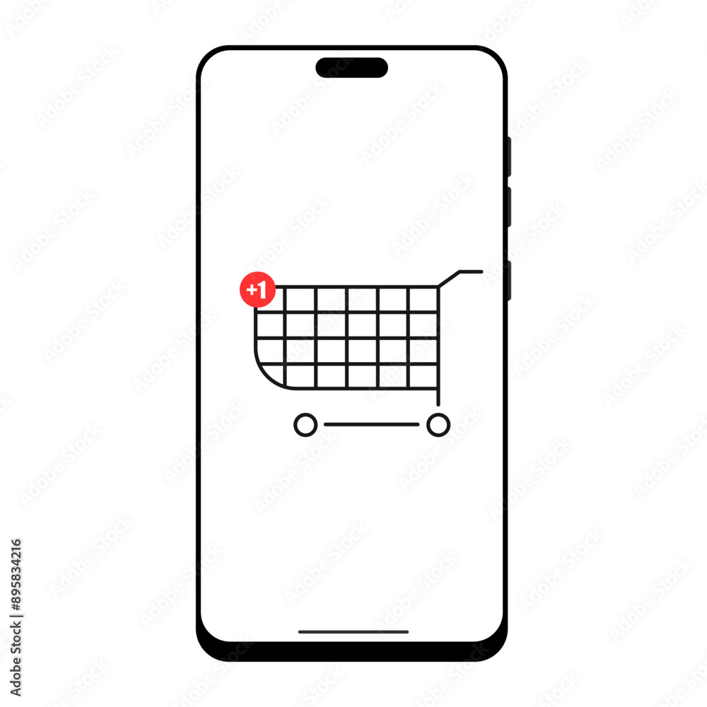 Poster smartphone display showing a shopping cart icon with a plus one notification.