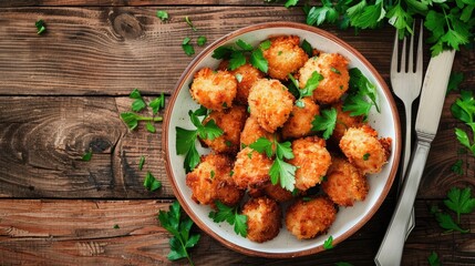 Crispy Panko Breaded Chicken Bites in White Bowl on Wooden Table with Fresh Parsley and Cutlery Top View Flat Lay Copy Space