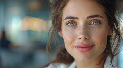 Obraz premium A portrait of a beautiful woman with striking blue eyes and a warm smile, set in a lively, modern environment.