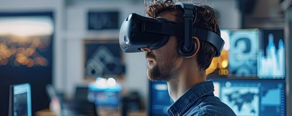 Designer working on a VR project using a computer with 3D modeling software, illustrating VR content creation