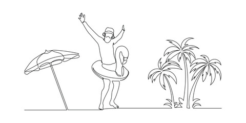 Continuous single line sketch drawing beach vacation summer travel man with swimming pool inflatable flamingo float toy beach coconut palm tree and umbrella parasol sunshade vector illustration © MuhammadZulfan