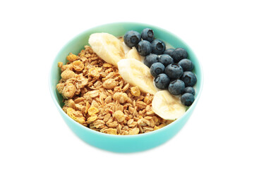 Granola with fresh summer berries in mint bowl isolated on white background. Concept of healthy breakfast food