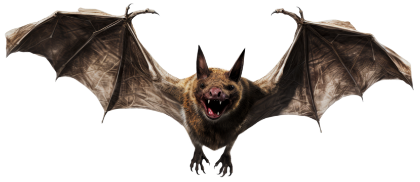 A bat with a creepy face opened its mouth in flight. Isolated on transparent background