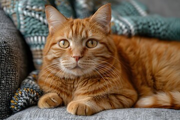 Cozy Indoor Cat Relaxing on Knitted Blankets at Home - Ideal for Pet Lovers and Home Decor Concepts