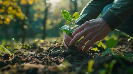 Fototapeta premium A close-up of a hand planting a young seedling in rich soil, symbolizing growth, care for nature, and environmental awareness.