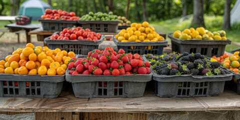 Fototapeta premium Display of various fresh fruits in baskets at an outdoor market, showcasing a vibrant selection of produce.