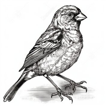 recommend clip art: . Black and white Vintage engraved art of a finch isolated on white background, ink sketch illustration, simple vector art design, highly detailed line art, high contrasty 