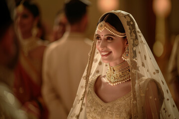 Fototapeta premium Candid shot of a young joyful bride wearing traditional Indian bridal costumes and jewellery on her wedding 
