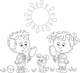 Happy little boy and girl with chocolate ice cream walking with their funny small puppy in a park on a sunny summer day, black and white outline vector cartoon illustration for a coloring book page