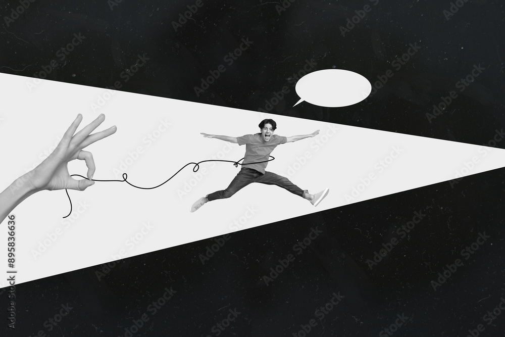 Poster composite collage image of black white man running escape hand hold string thoughts speech bubble fr