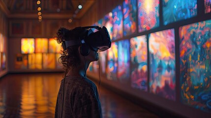 VR user exploring a virtual art gallery, illustrating new ways to experience art and culture