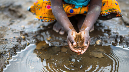 A child's hands scoop water from a muddy puddle, highlighting the scarcity and necessity of clean water in developing regions.