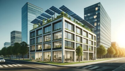 Modern Office Building with Sustainable Architecture, Featuring Green Roofs, Solar Panels, and Large Windows, Highlighting Eco-Friendly Construction and Energy Efficiency