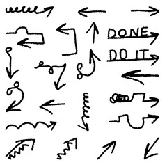 Set of  trendy Doodle hand drawn Arrows isolated white. Black Charcoal Arrows. Chalk texture Vector illustration for social media web design. EPS 10