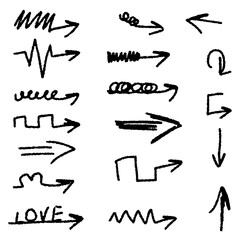 Set of different kind of simple black Chalk texture Arroцs. Doodle element collection isolated white. Charcoal vector Arrows for social media and web graphic design. EPS 10