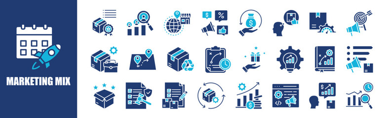  Marketing Mix icon collection set. Containing design, product, business, strategy, price, promotion, and more. Solid vector icons collection.	