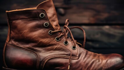 A close up of a brown boot with laces on it, AI
