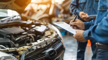 Auto check, Automobile repairmen write job checklists on a clipboard, mechanics check engines to estimate repair machines, inspect maintenance by an engineer at the vehicle garage, car service shop.